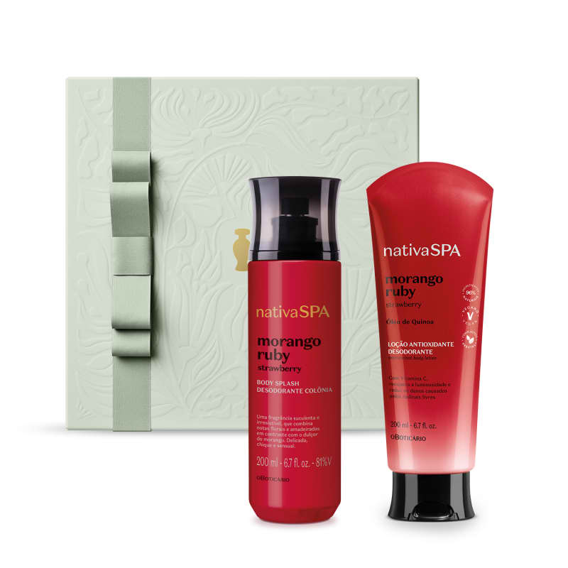 Combo Presente Dia das Mães Nativa SPA Morango Ruby: Body Splash 200ml+ Loção Corporal 200ml + Caixa de Presente