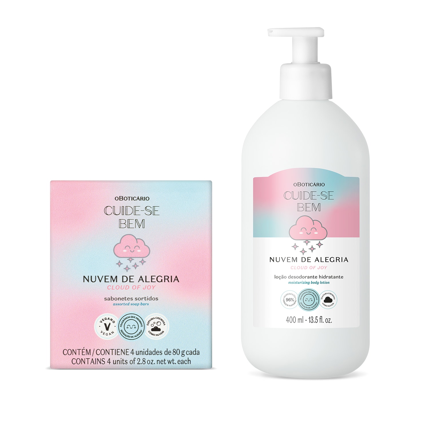 Combo Cuide-se Bem Nuvem de Alegria: Loção Corporal 400ml + Sabonetes em Barra 4x80g